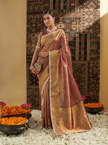KASEE Women Gold Woven Design Embellished Saree