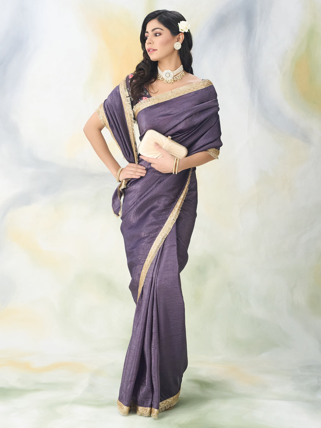 KASEE Women Purple Solid Organza Saree