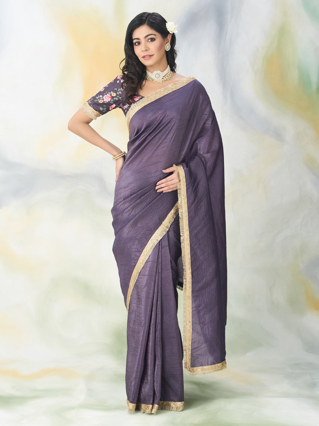 KASEE Women Purple Solid Organza Saree