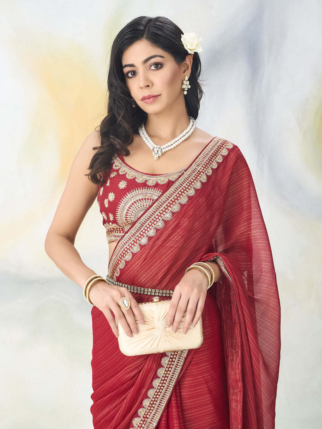 KASEE Women Maroon Georgette Saree with Border