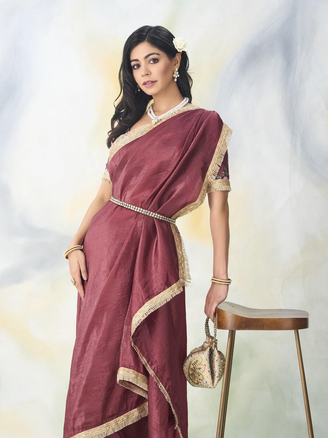 KASEE Women Maroon Solid Organza Saree