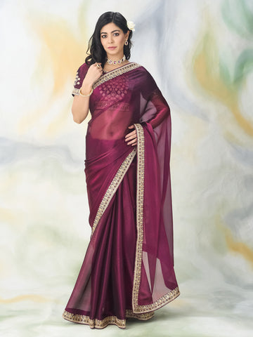 Kasee Women Wine Embroidered Saree
