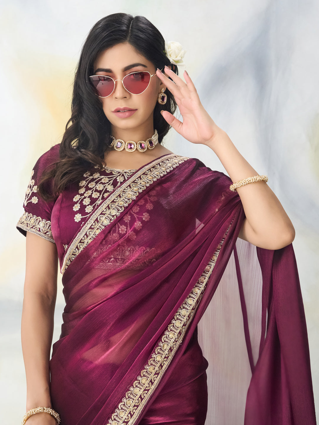 Kasee Women Wine Embroidered Saree