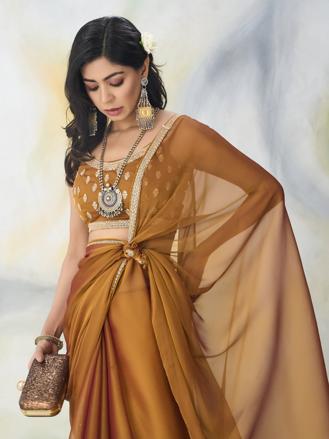 Kasee Women Gold Embroidered Solid Saree