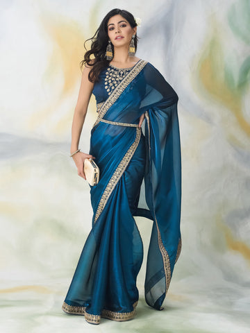 Kasee Women Royal Blue Embroidered Saree