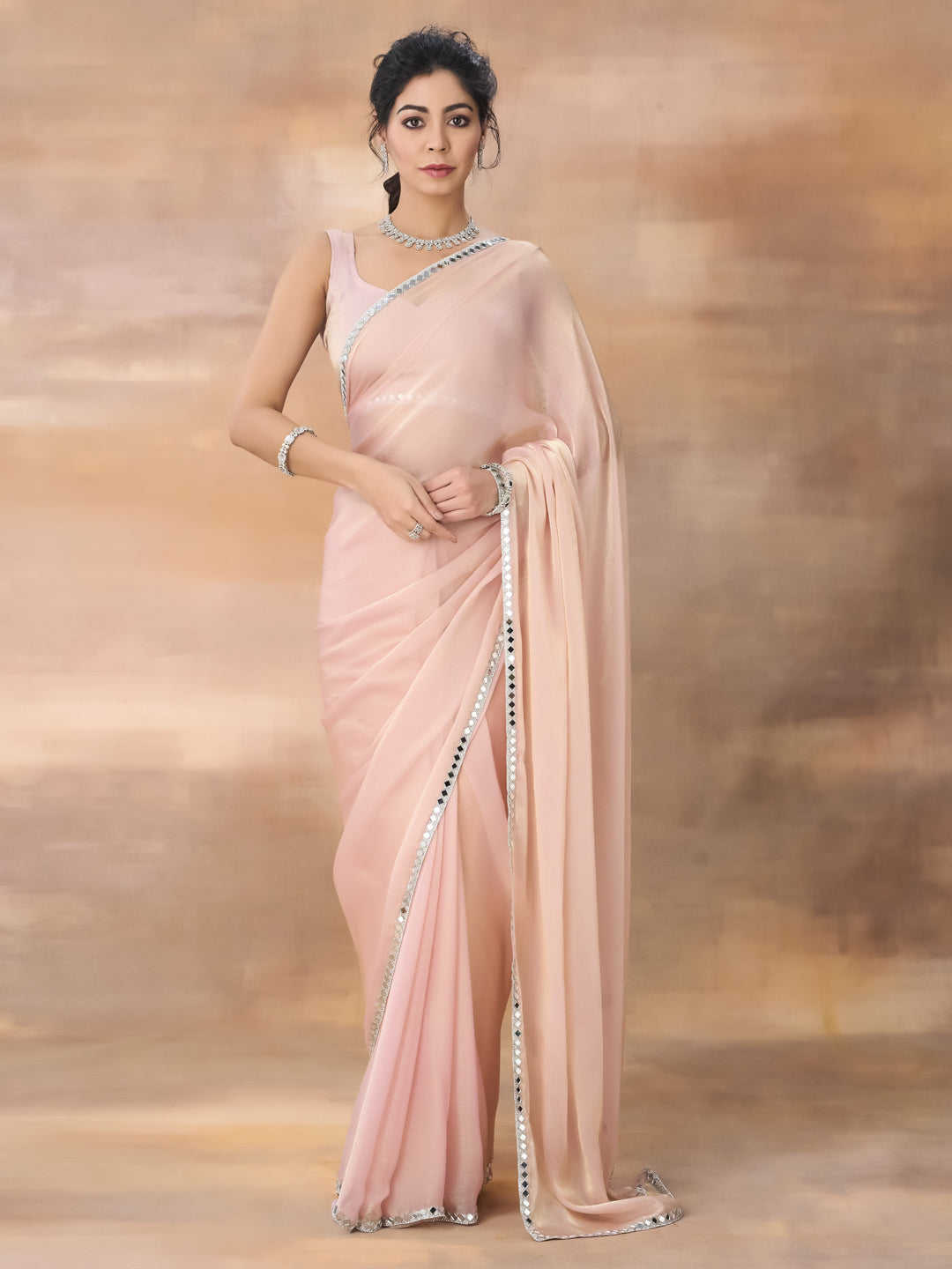 KASEE Women Peach Embellished Mirror Work Saree