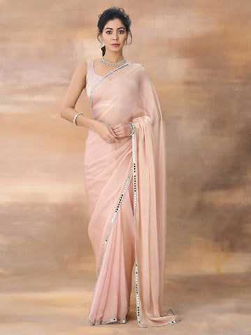KASEE Women Peach Embellished Mirror Work Saree