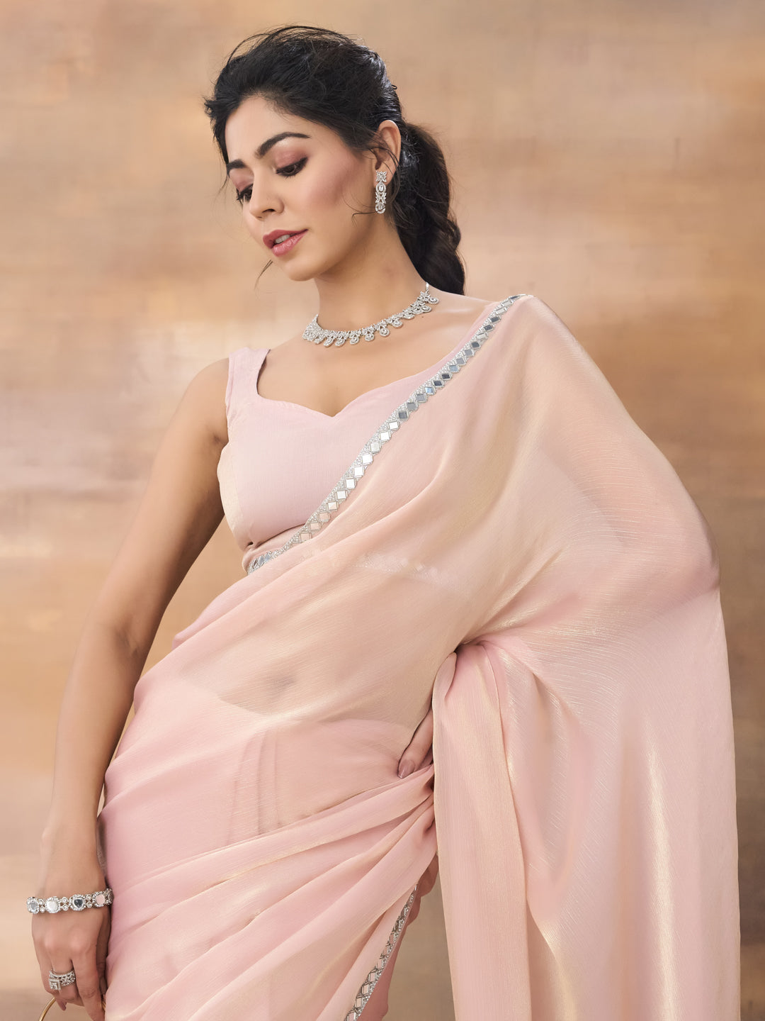 KASEE Women Peach Embellished Mirror Work Saree