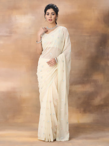 KASEE Women Cream Floral Embroidered Saree