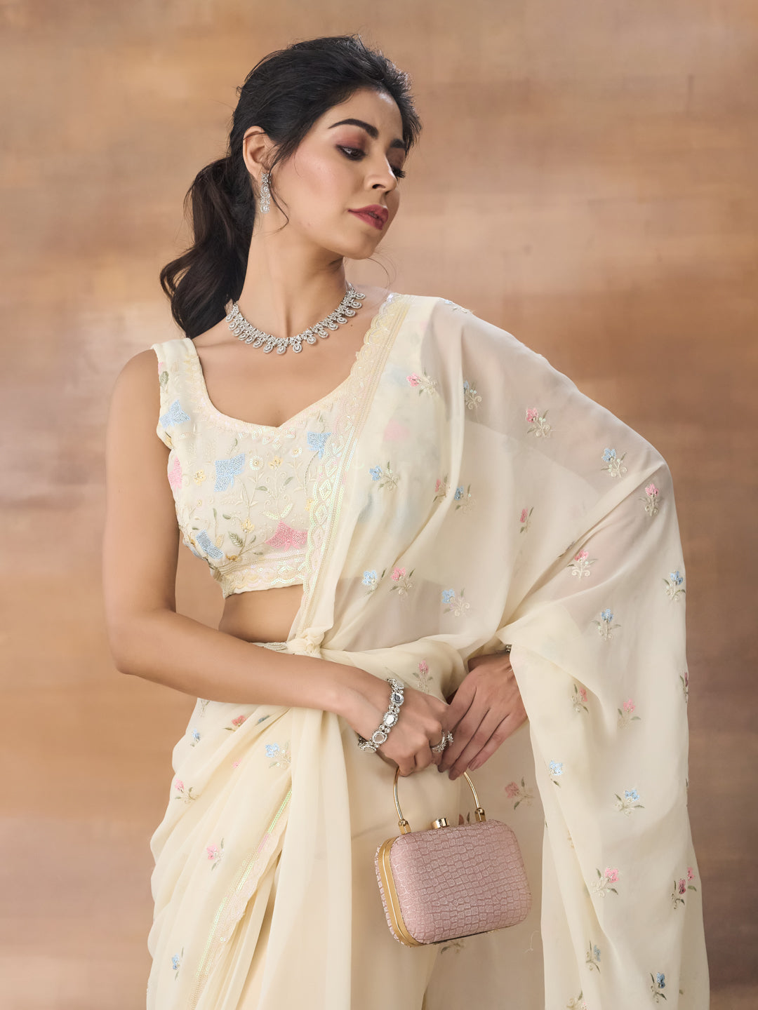 KASEE Women Cream Floral Embroidered Saree