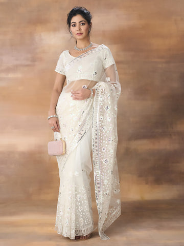KASEE Women Off-White Floral Embroidered Net Saree