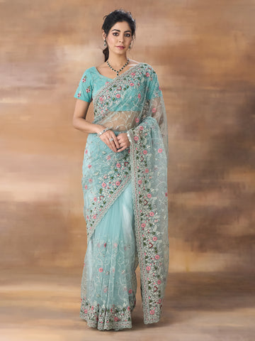 KASEE Women Firozi Floral Embroidered Net Saree