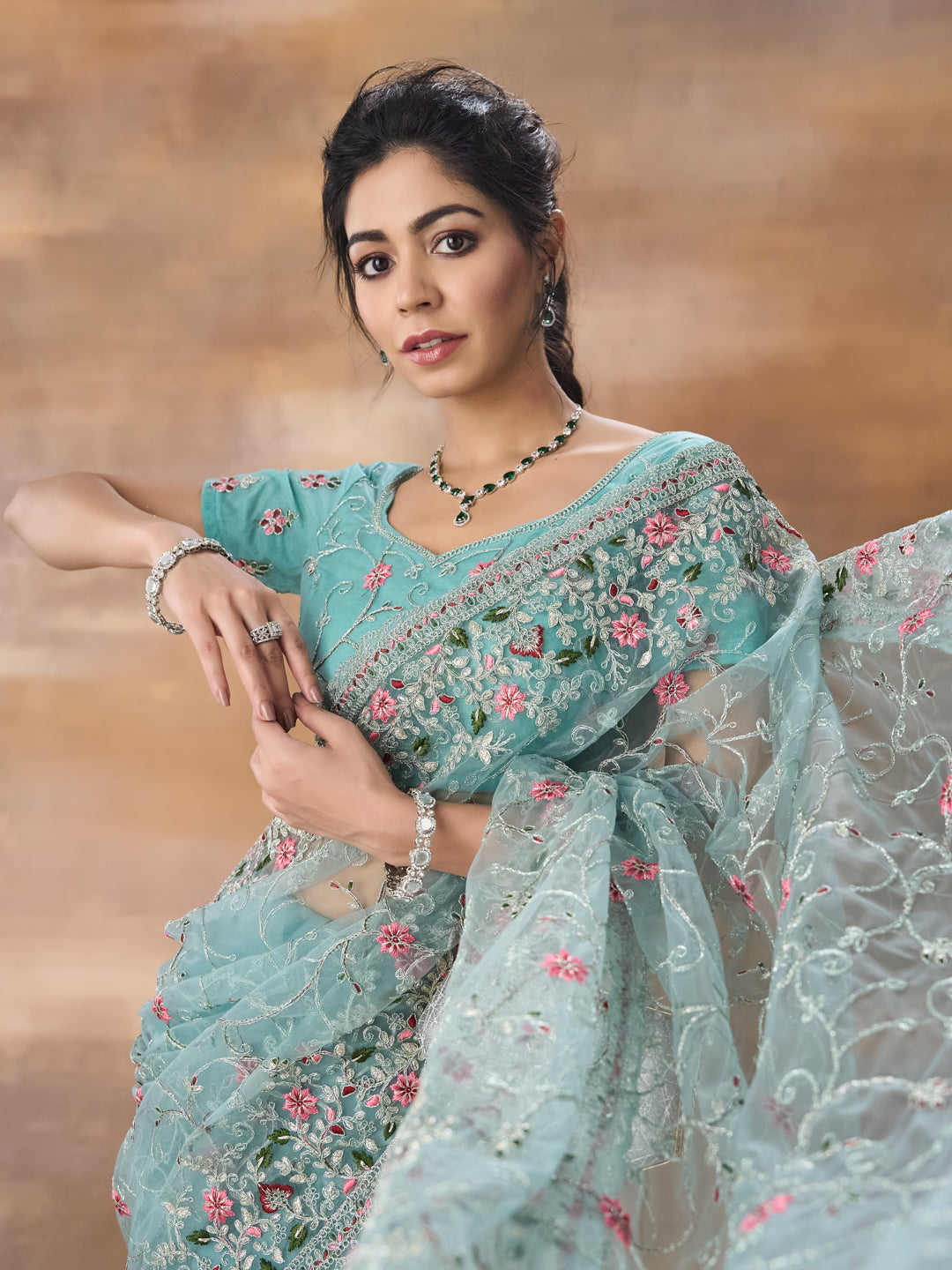 KASEE Women Firozi Floral Embroidered Net Saree