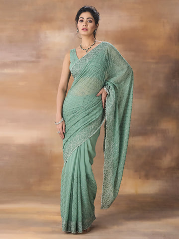 KASEE Women Green Floral Embroidered Georgette Saree