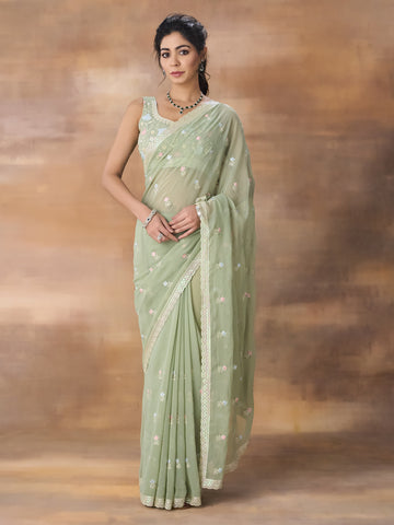 KASEE Women Pista Green Floral Embroidered Saree