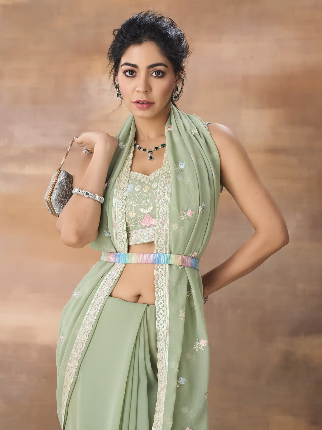KASEE Women Pista Green Floral Embroidered Saree