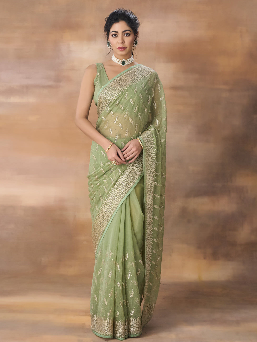 KASEE Women Green Silk Floral Embroidered Saree