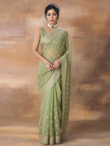 KASEE Women Green Silk Floral Embroidered Saree