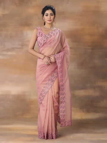 KASEE Women Pink Floral Embroidered Net Saree
