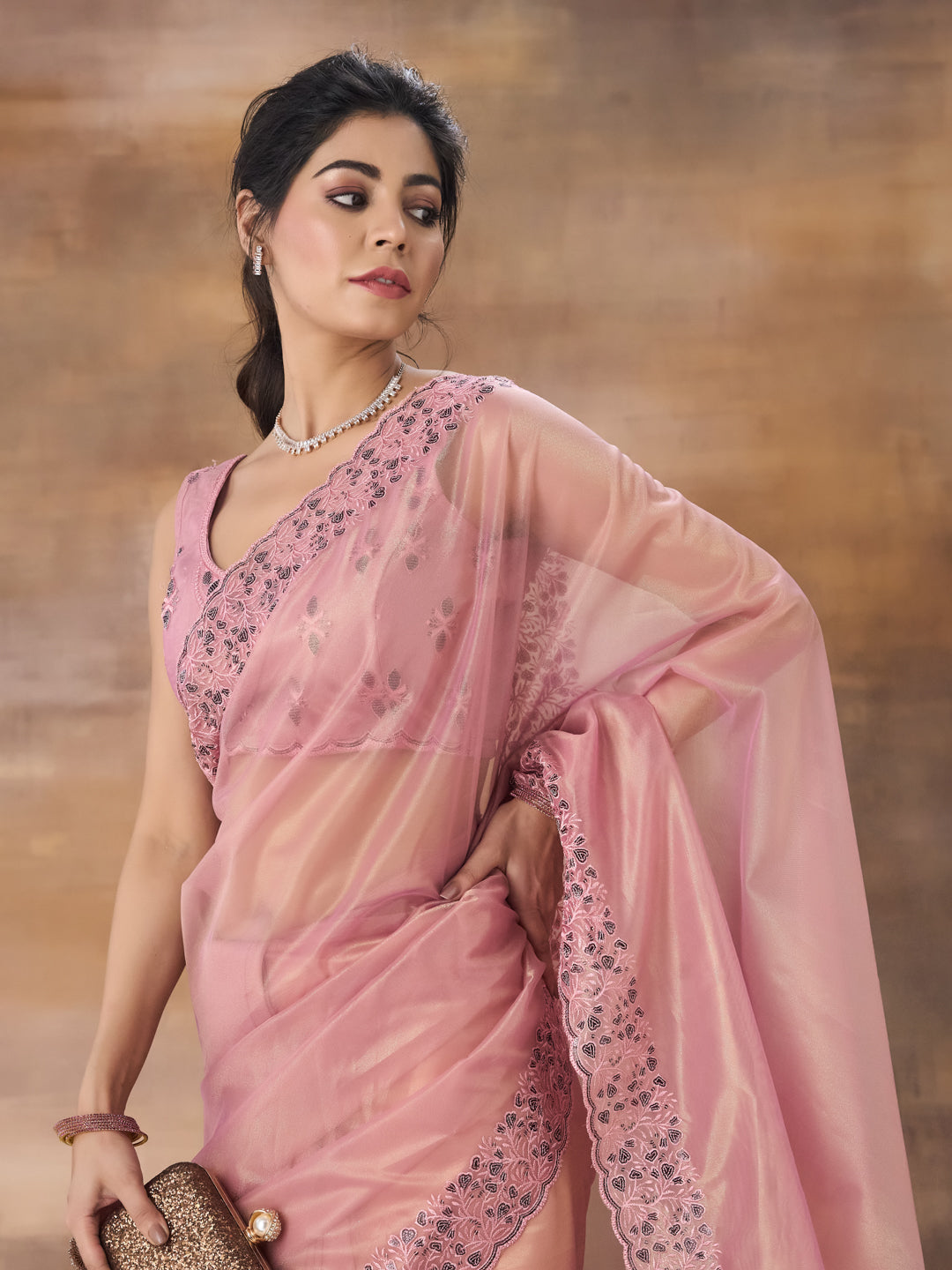 KASEE Women Pink Floral Embroidered Net Saree