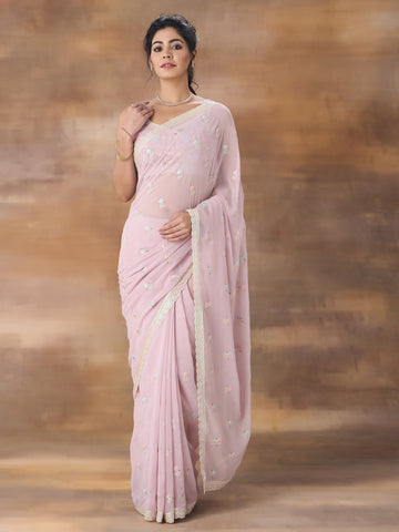 KASEE Women Lavender Floral Embroidered Saree