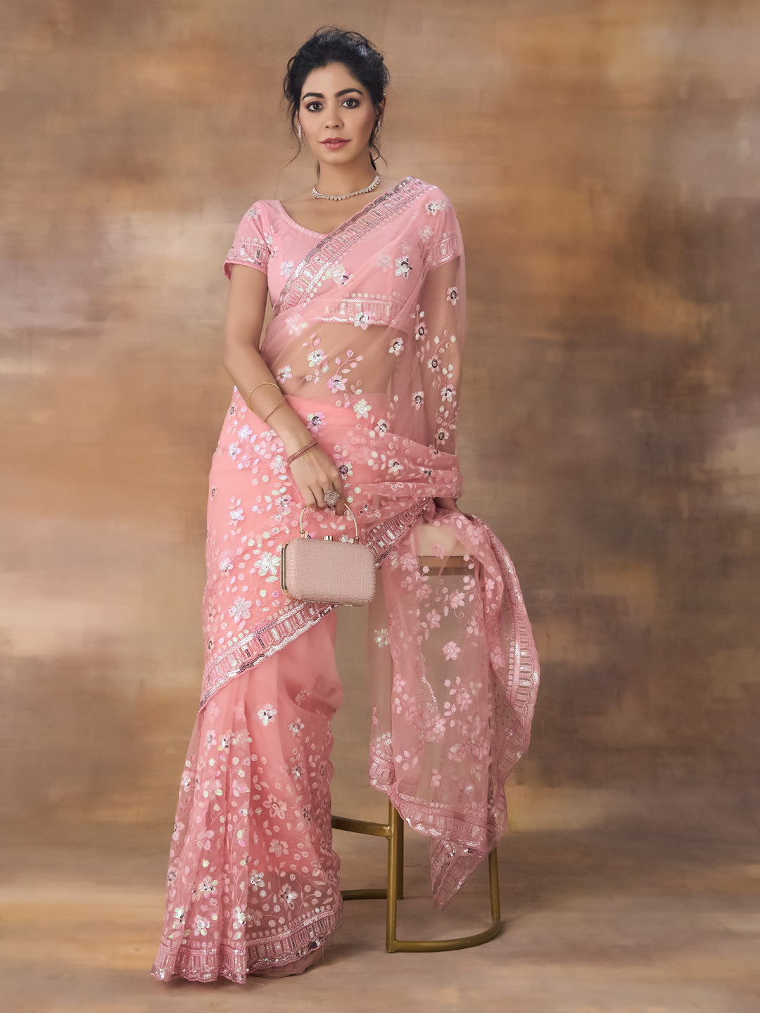 KASEE Women Pink Floral Embroidered Net Saree