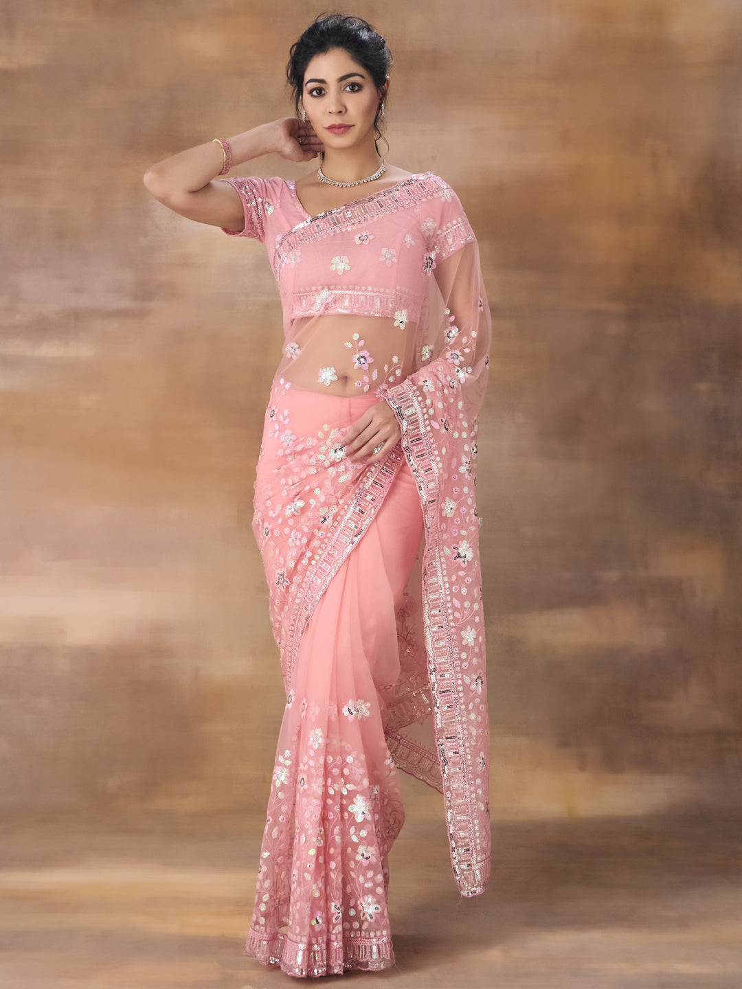 KASEE Women Pink Floral Embroidered Net Saree