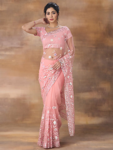 KASEE Women Pink Floral Embroidered Net Saree