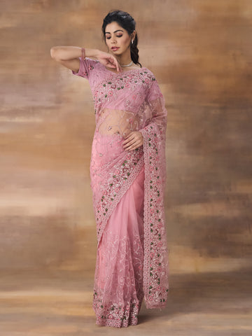 KASEE Women Pink Floral Embroidered Net Saree