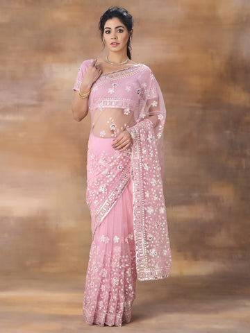 KASEE Women Lavender Floral Embroidered Net Saree