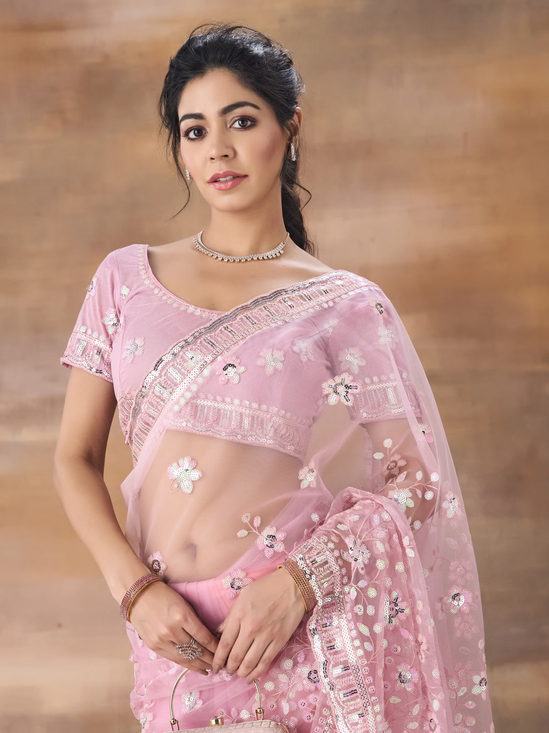 KASEE Women Lavender Floral Embroidered Net Saree