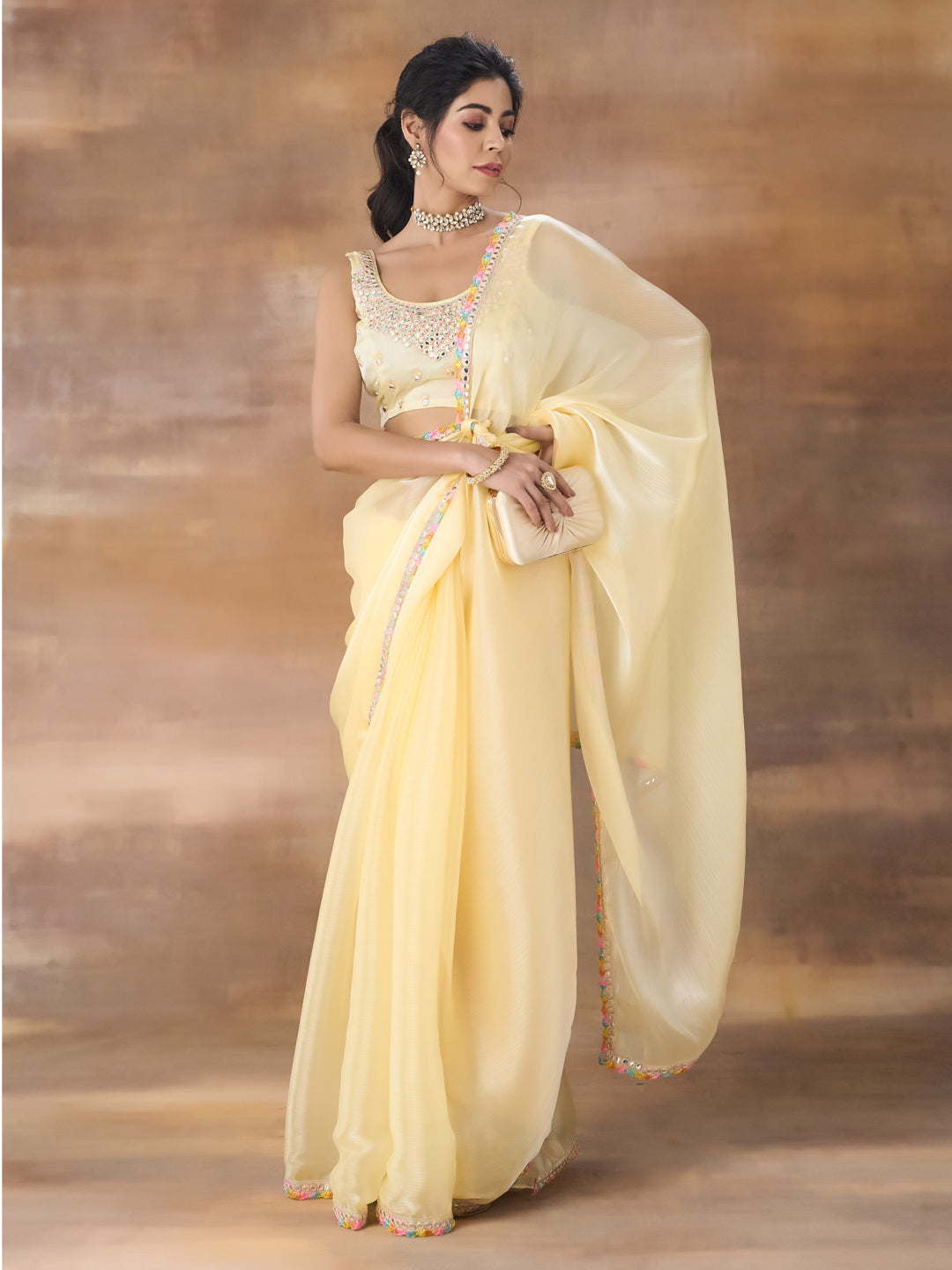 KASEE Women Yellow Poly Chiffon Saree