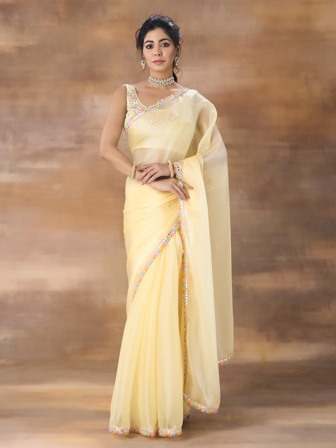 KASEE Women Yellow Poly Chiffon Saree