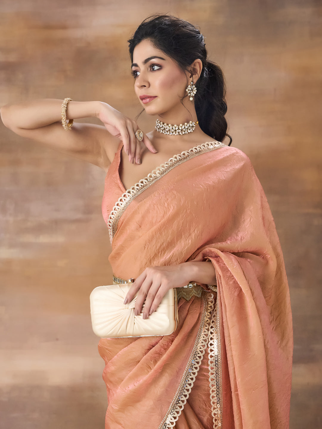 KASEE Women Peach Sequinned Organza Saree