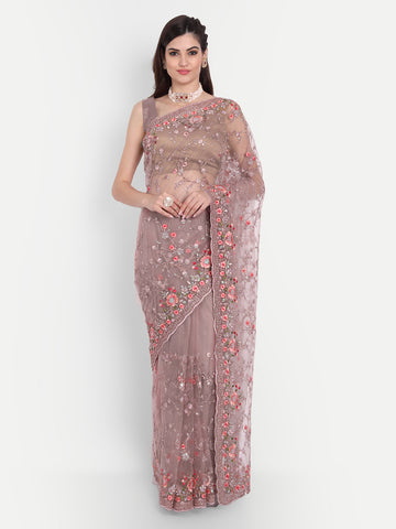 KASEE Women Lavender-Coloured Floral Embroidered Net Saree