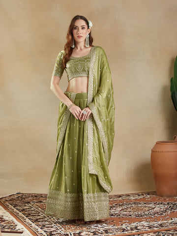 KASEE Women's Olive Green Silk Blend Embroidered Lehenga Choli Set with Heavy Zari & Sequin Work