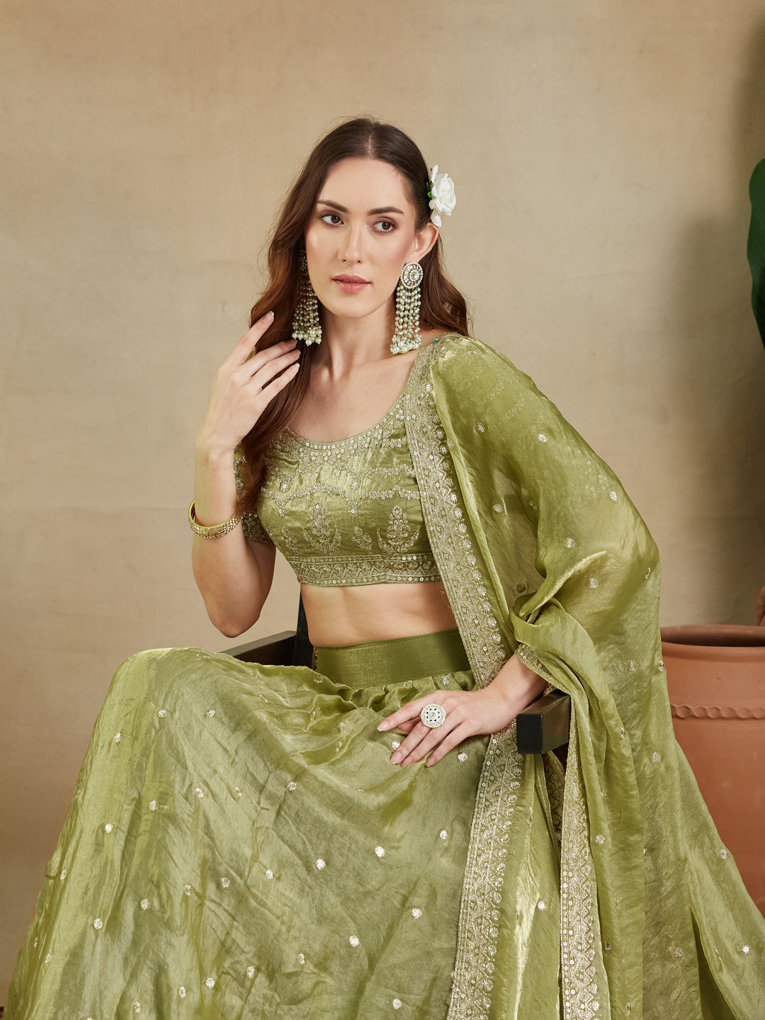 KASEE Women's Olive Green Silk Blend Embroidered Lehenga Choli Set with Heavy Zari & Sequin Work