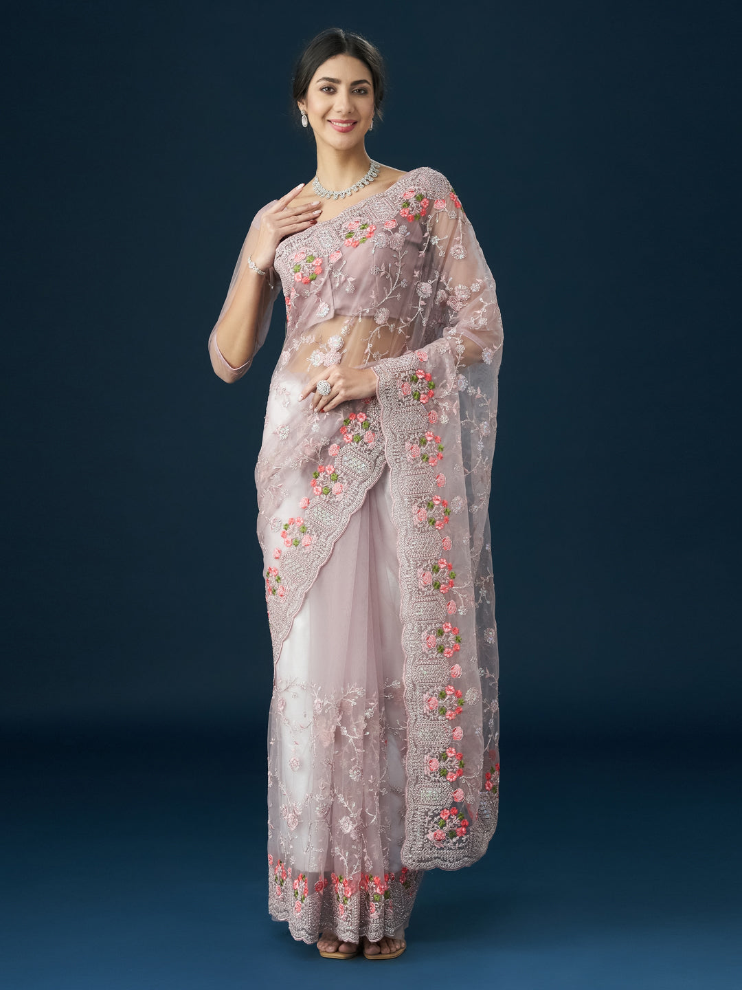 KASEE Women Floral Embroidered Zari Net Saree