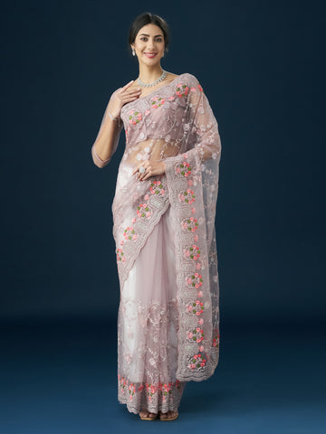 KASEE Women Floral Embroidered Zari Net Saree