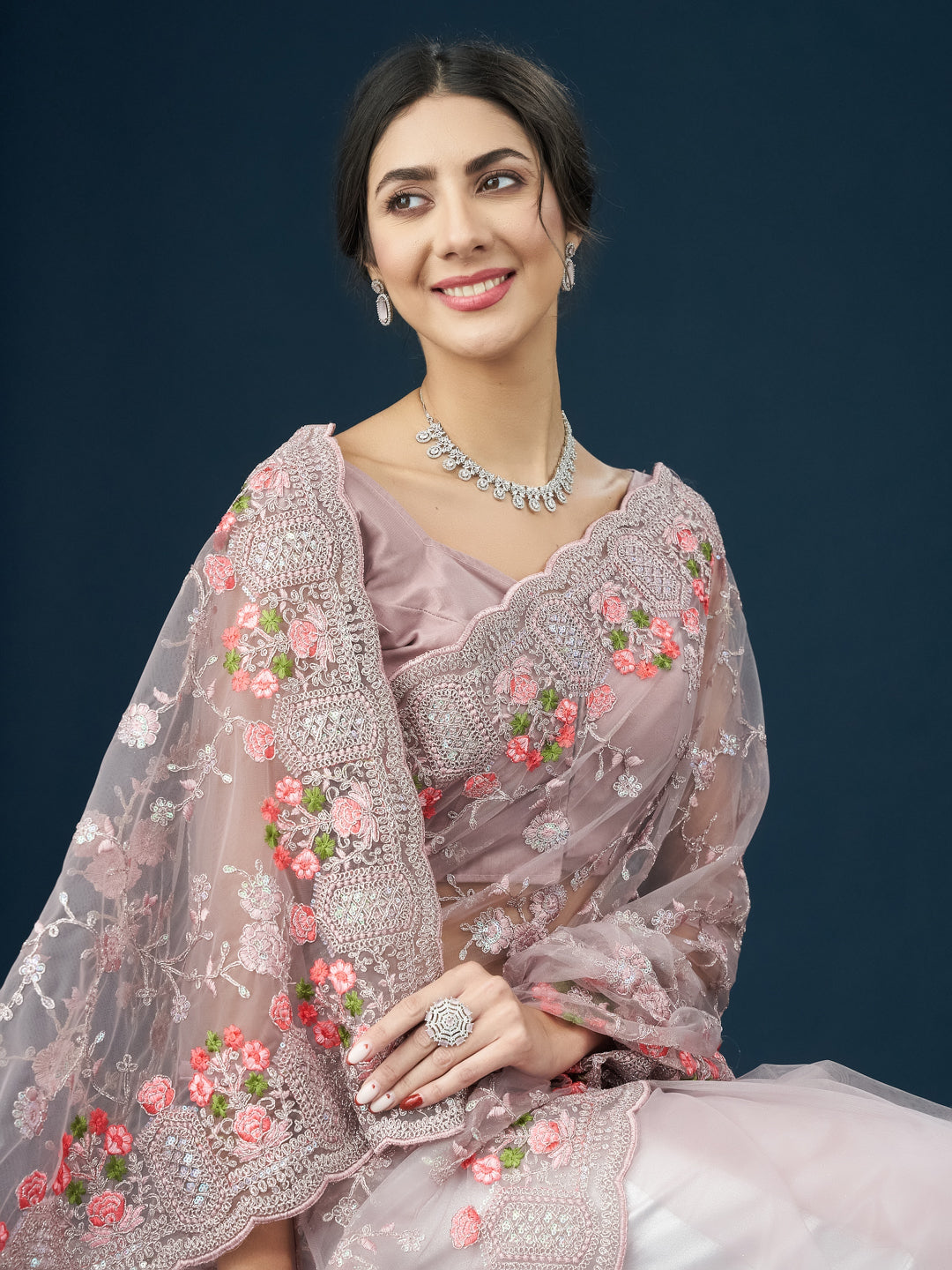 KASEE Women Floral Embroidered Zari Net Saree