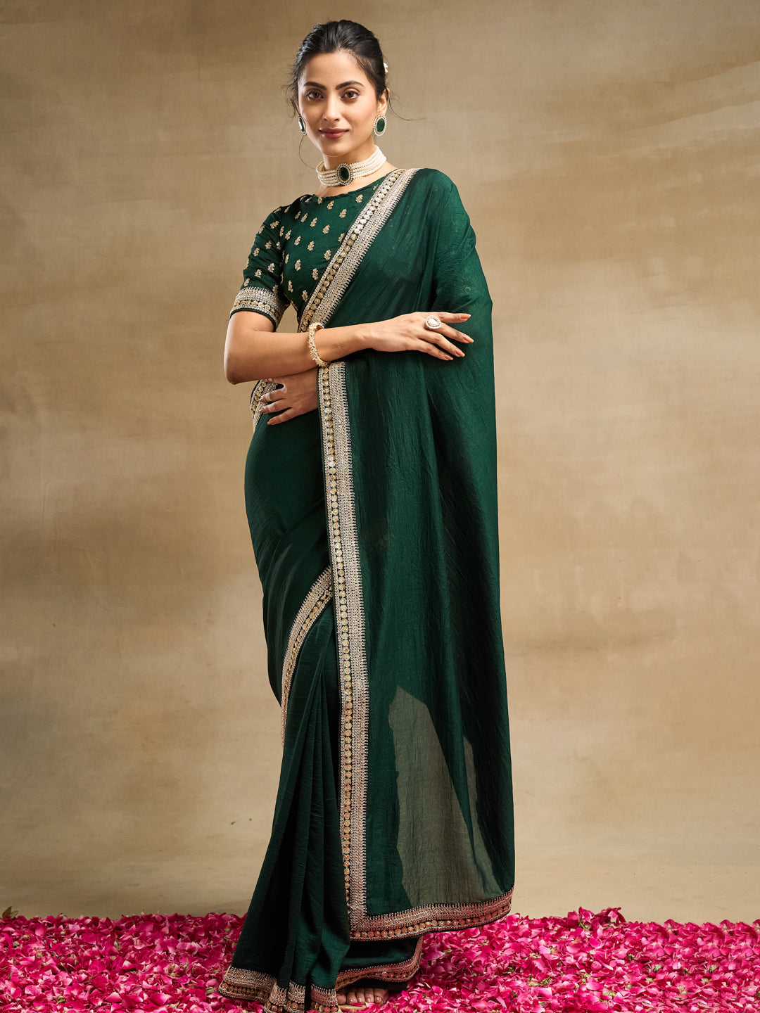 KASEE Women's Green Silk Blend Saree with Golden Zari Embroidered Border