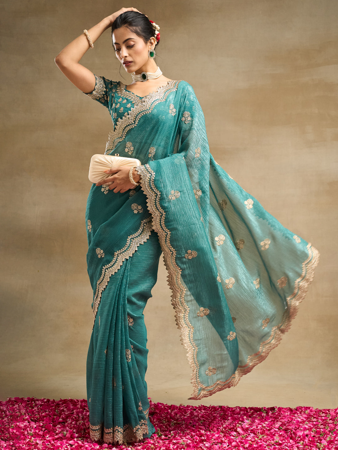 KASEE Women's Petrol Blue Silk Blend Saree with Golden Embroidered Floral Motifs