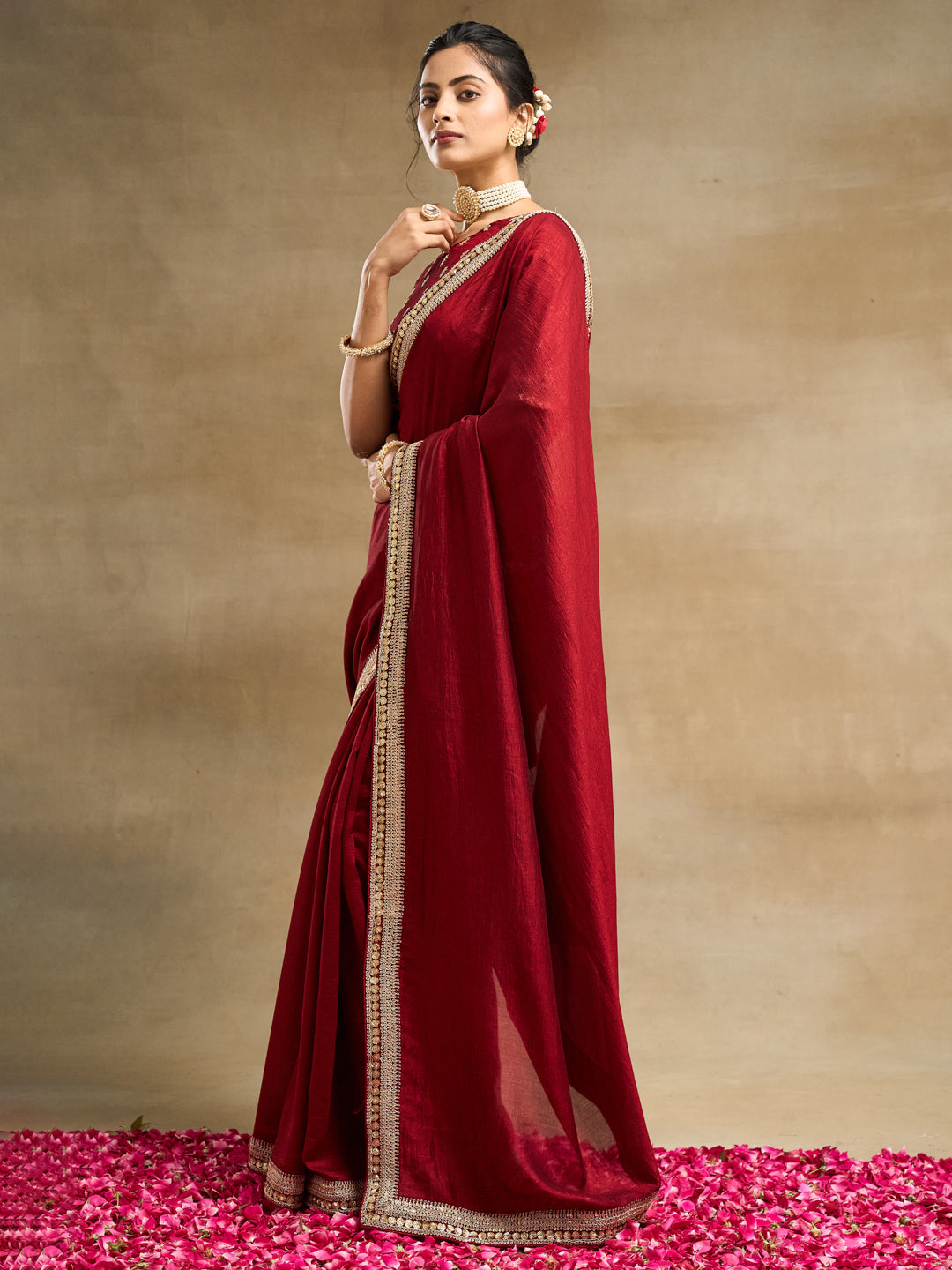 KASEE Women's Maroon Silk Blend Saree with Golden Zari Embroidered Border