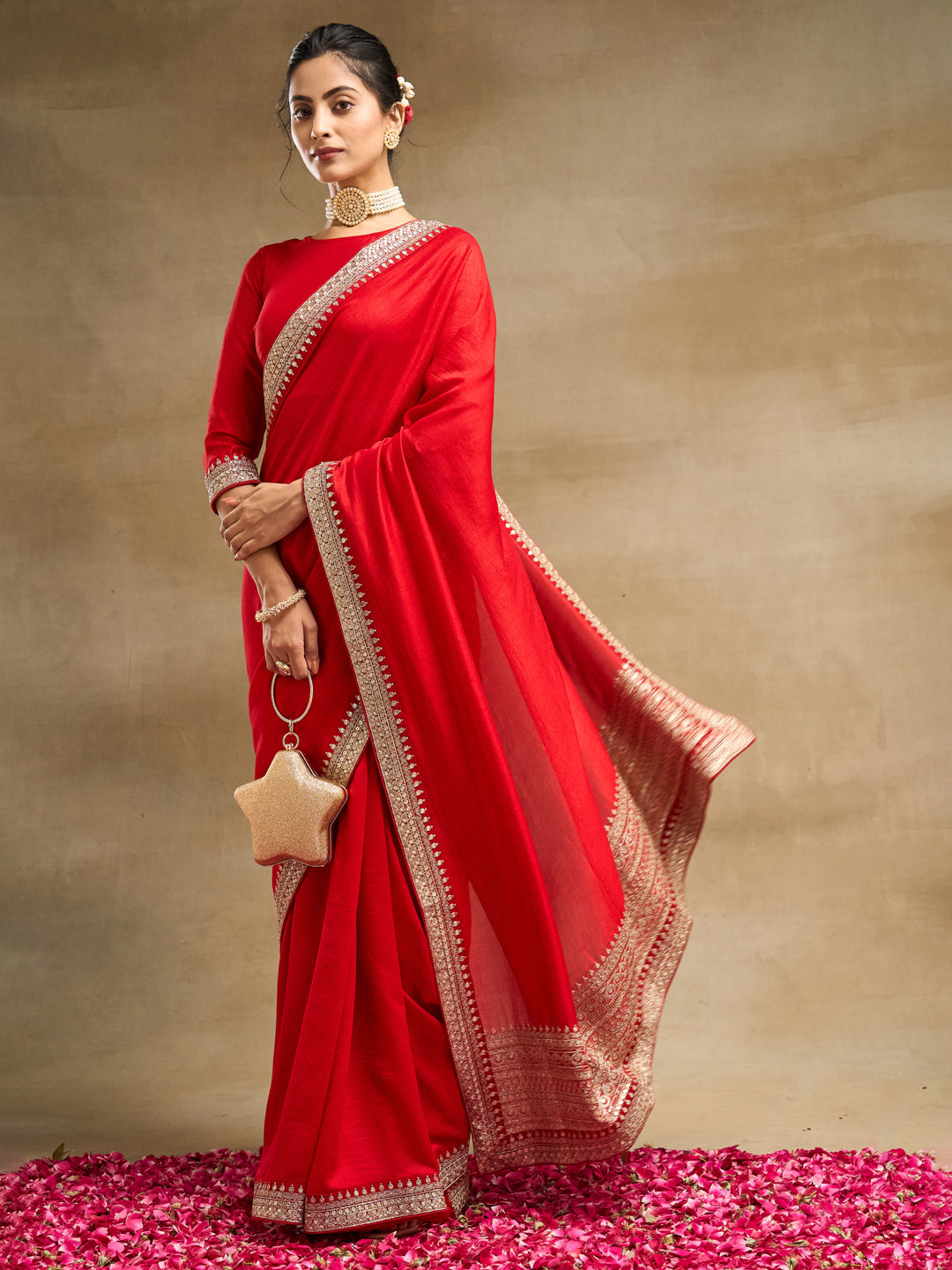 KASEE Women's Red Silk Blend Saree with Golden Zari Embroidered Border