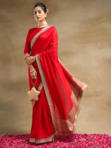 KASEE Women's Red Silk Blend Saree with Golden Zari Embroidered Border