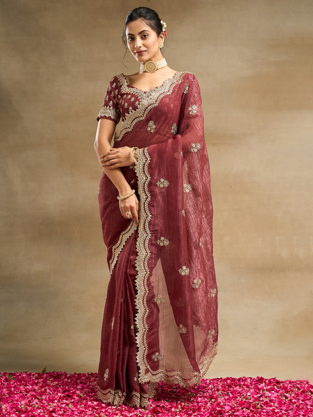 KASEE Women's Burgundy Silk Blend Saree with Golden Embroidered Floral Motifs