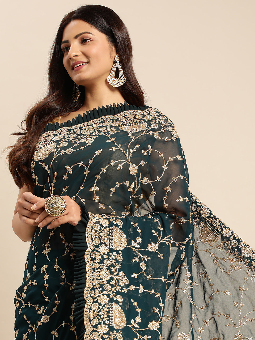 KASEE Women Petrol Green Floral Zari Embroidered Pure Georgette Saree with Ruffled Border