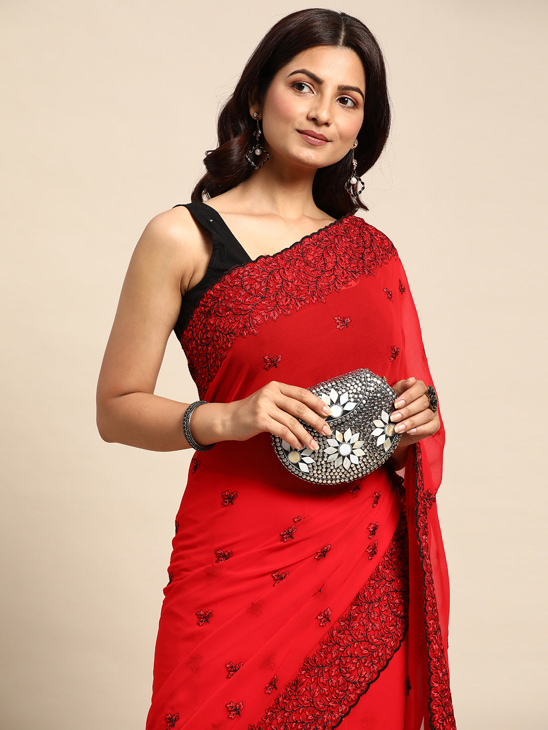 KASEE Women Red Floral Embroidered Saree