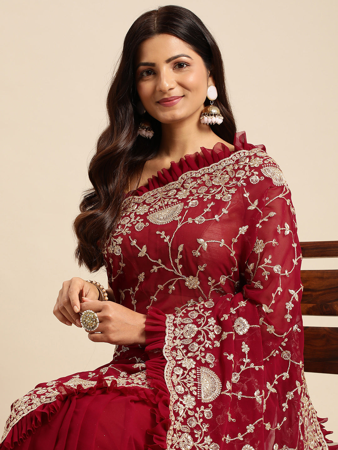 KASEE Women Wine Floral Zari Embroidered Pure Georgette Saree with Ruffled Border