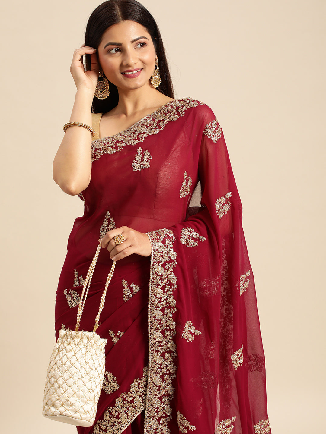 KASEE Women Wine Georgette Saree with Silver Embroidered Motifs and Border